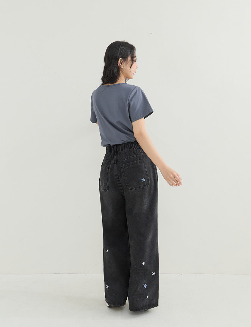 Star Embroidered Denim Plus Size Wide Leg Jeans