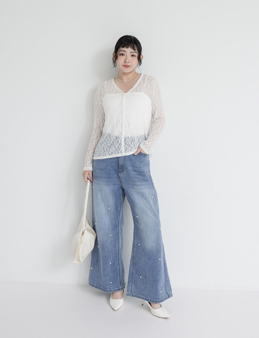 MISS. Fairy Lace Hollow Cut Button-Up Plus Size Cardigan