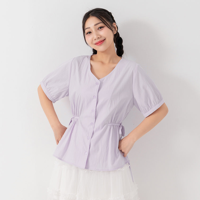 V-Neck Button Front Tie Waist Plus Size Top