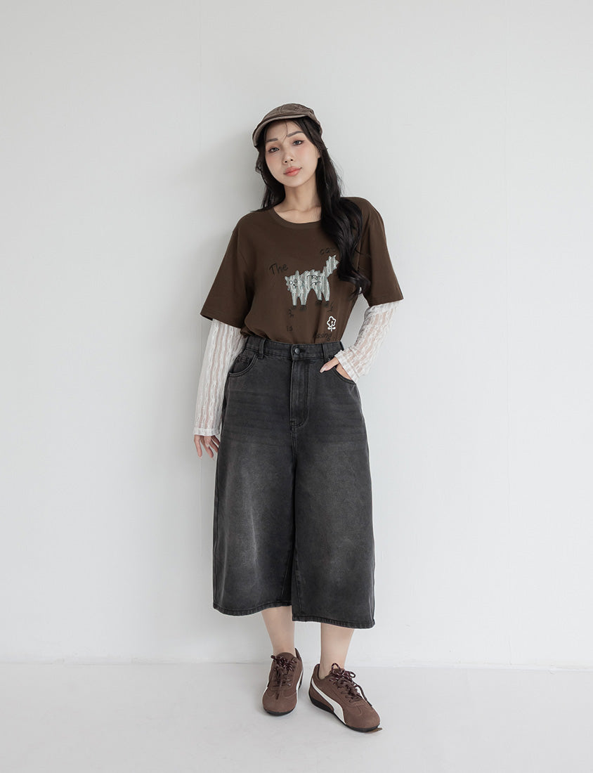 Korean Style Vintage Washed Plus Size Cropped Jeans