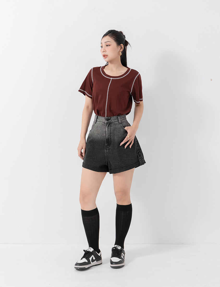 MUA! Cropped Contrast Stitch Short Sleeve Plus Size Tee