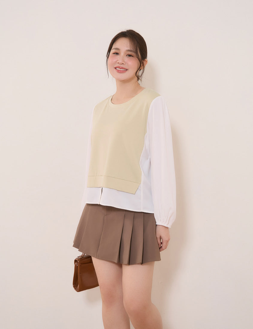 Crewneck Puff Sleeve Faux Two Piece Plus Size Long Sleeve Top