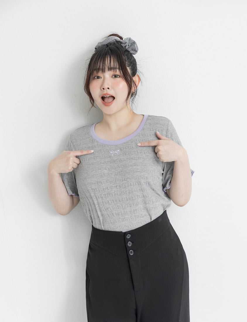 Bow Embroidery Ruffle Crinkle Plus Size Top