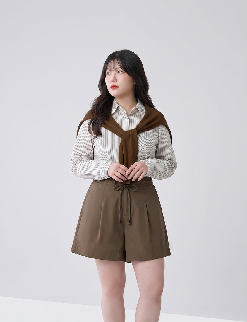 Contrast Stripe Long Sleeve Plus Size Shirt (With Shawl)