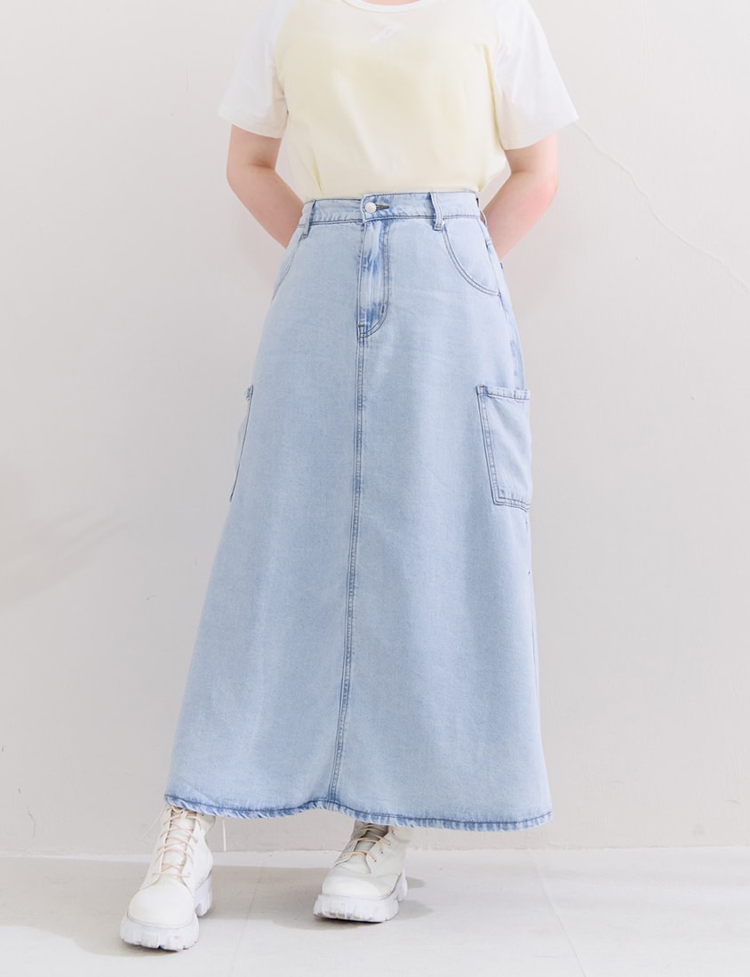 Cooling Lyocell Silky Denim Utility Plus Size Maxi Skirt