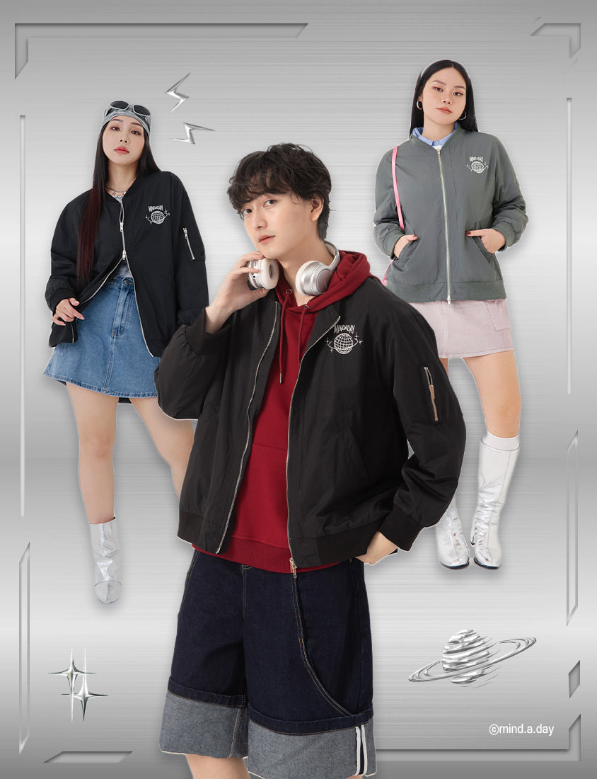Future Planet Embroidered Relaxed Plus Size Bomber Jacket (Unisex) (MIND.A.DAY Collaboration)