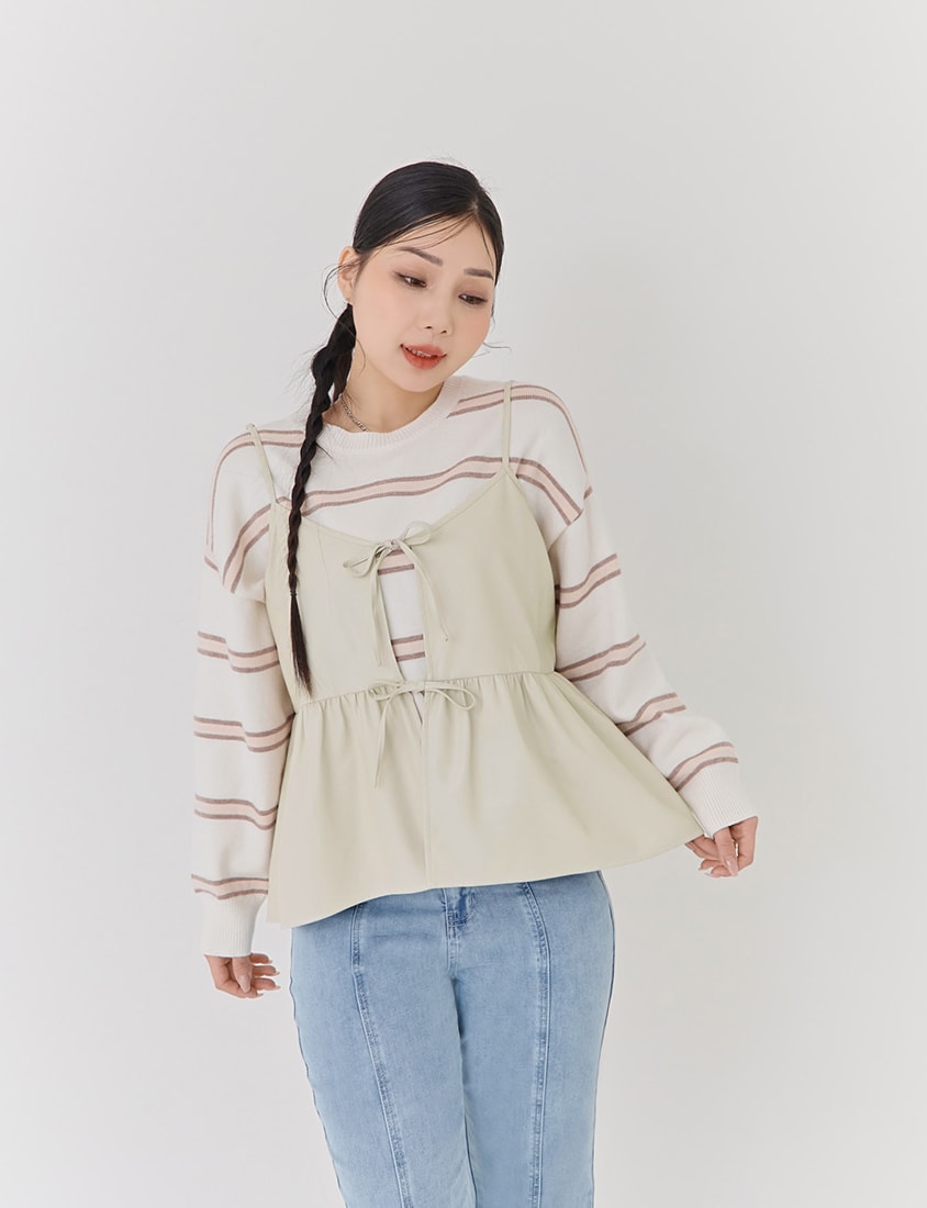 Japanese-Style Colorblock Striped Plus Size Knit Top (With Hooded Shawl)