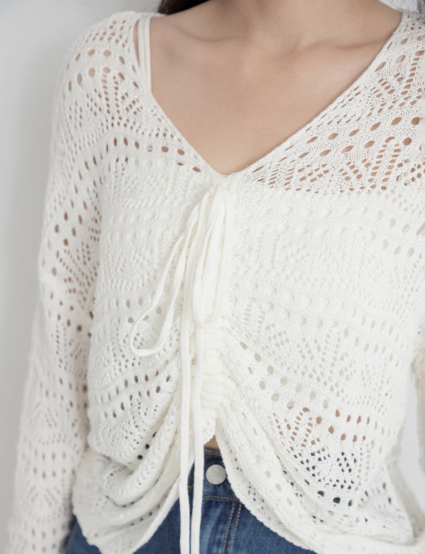MUA! Lace Openwork Drawstring Knit Plus Size Top