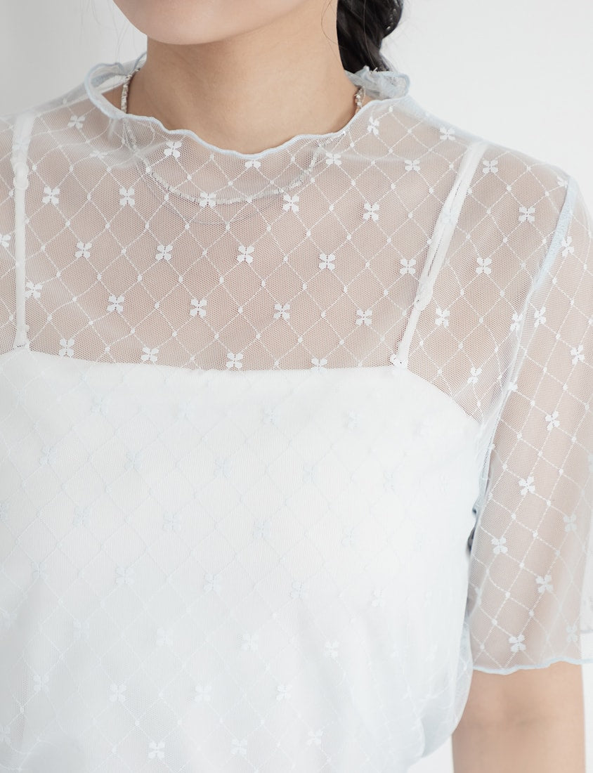 MISS. Sheer Floral Diamond Pattern Short Sleeve Plus Size Top