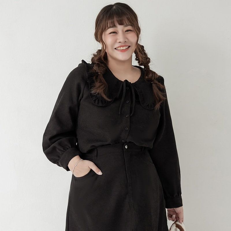 Classic Multi-Color Ruffle Tie Collar Plus Size Shirt
