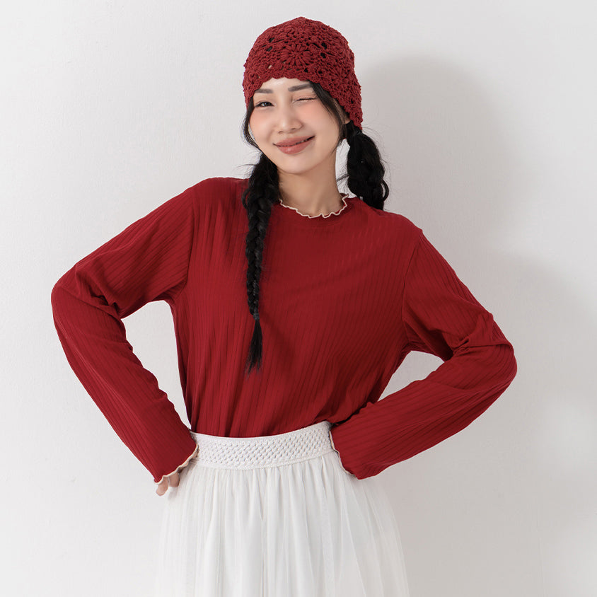Soft Wide Ribbed Ruffle-Trim Long Sleeve Plus Size Top