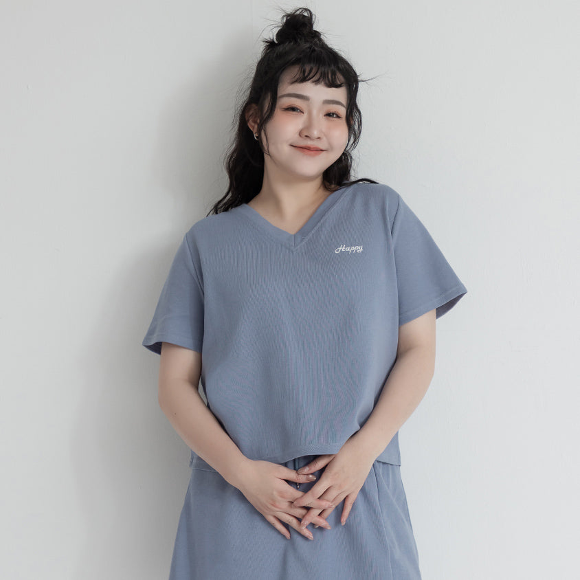 Soft Stretch Cotton Minimal Embroidered V-Neck Plus Size Tee