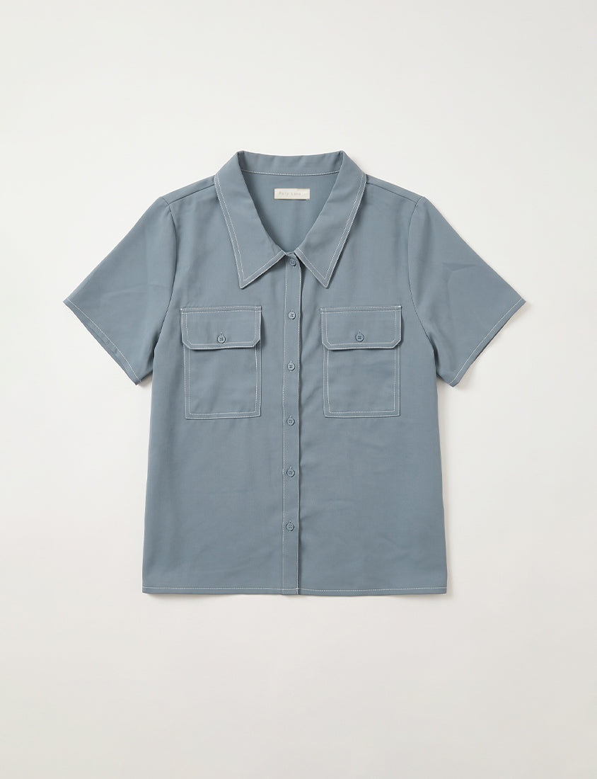 Contrast Stitch Lightweight Utility Chiffon Plus Size Shirt