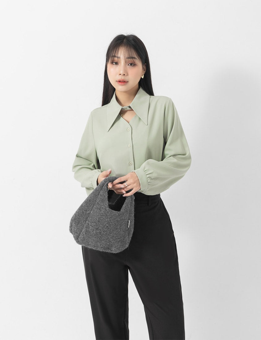 MISS. Cut Out Point Collar Plus Size Long Sleeve Shirt
