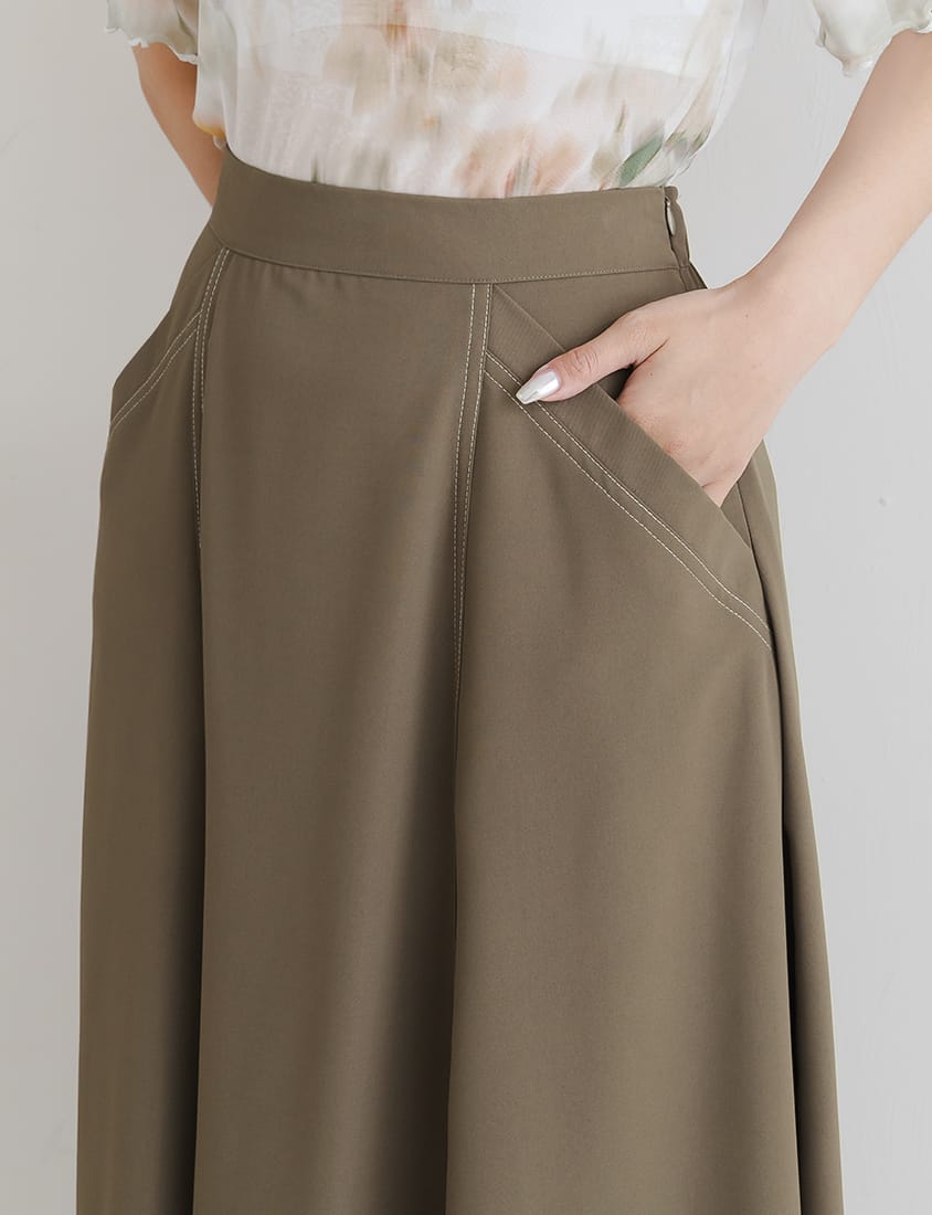 MISS. Contrast Stitch A-Line Back Elastic Waist Plus Size Maxi Skirt