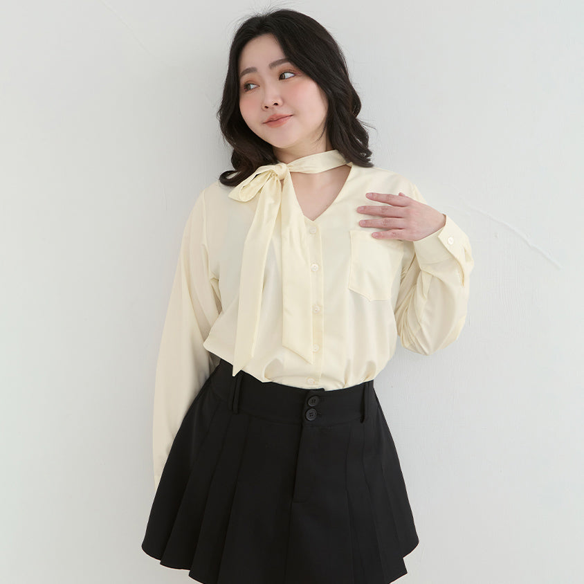 Korean Style Tie Neck Long Sleeve Plus Size Blouse