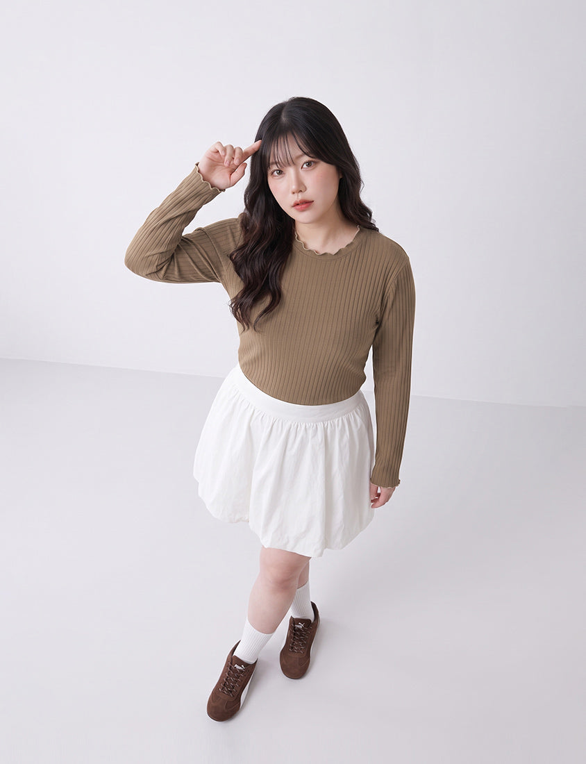 Soft Wide Ribbed Ruffle-Trim Long Sleeve Plus Size Top