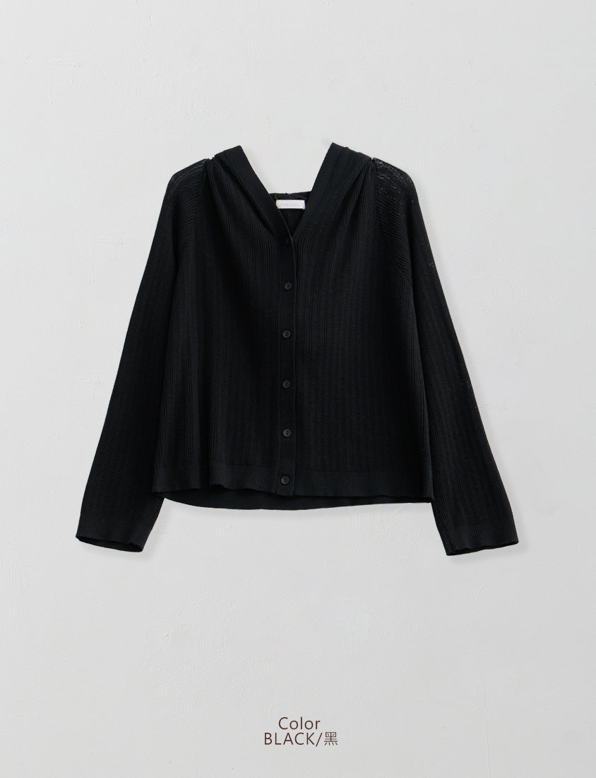 Openwork Knit Hooded Button-Up Plus Size Long Sleeve Cardigan