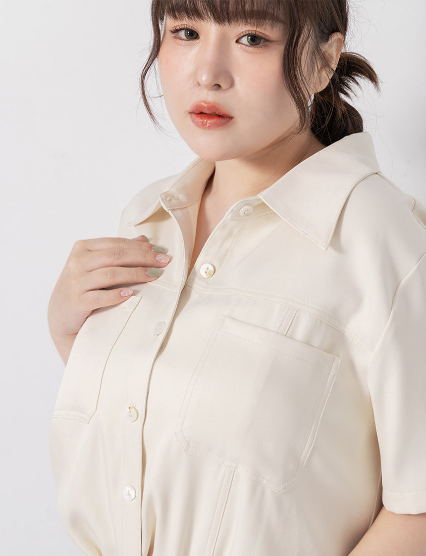 Double Pocket Twill Shell Button Plus Size Shirt