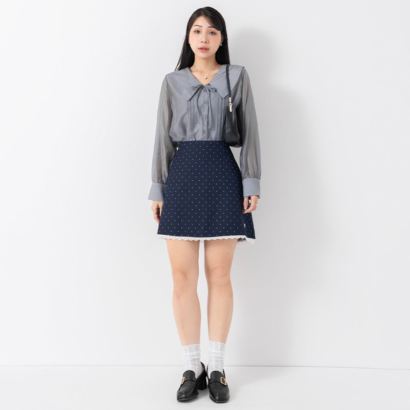 MISS. Lace Trim Polka Dot Tailored A-Line Suit Plus Size Mini Skirt