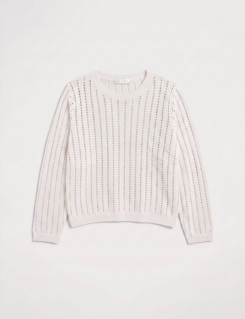 Crew Neck Openwork Ribbed Knit Long Sleeve Plus Size Top