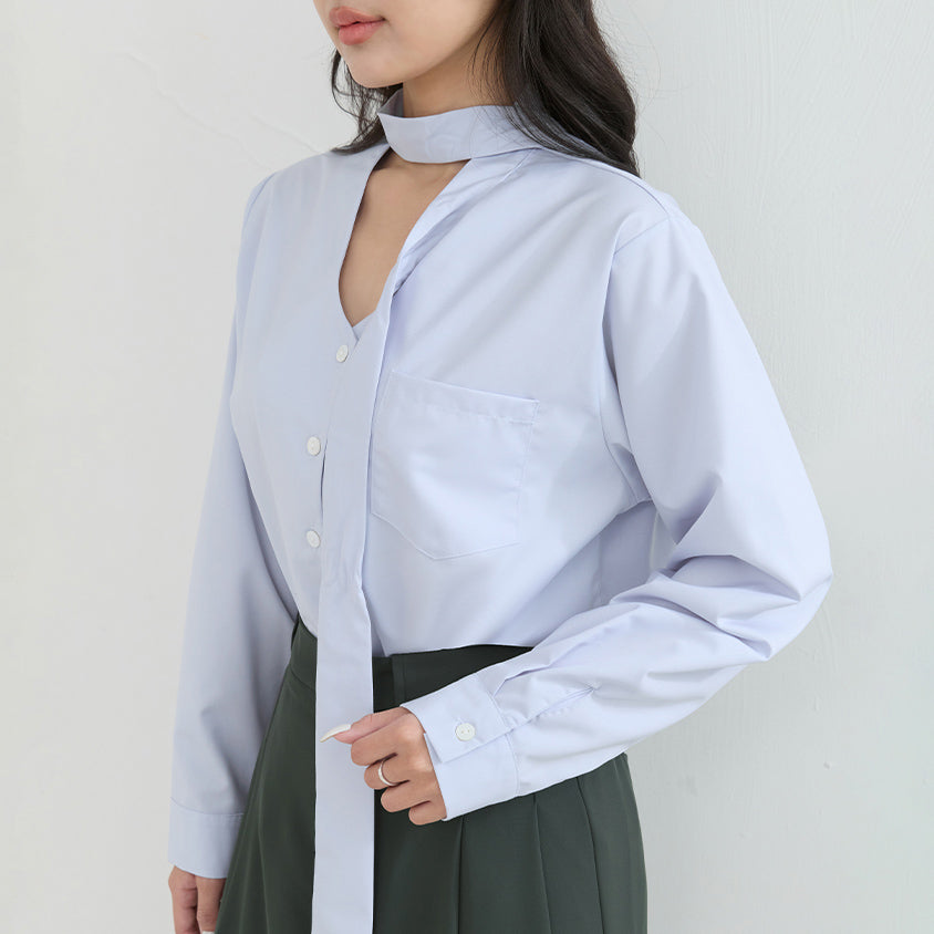 Korean Style Tie Neck Long Sleeve Plus Size Blouse
