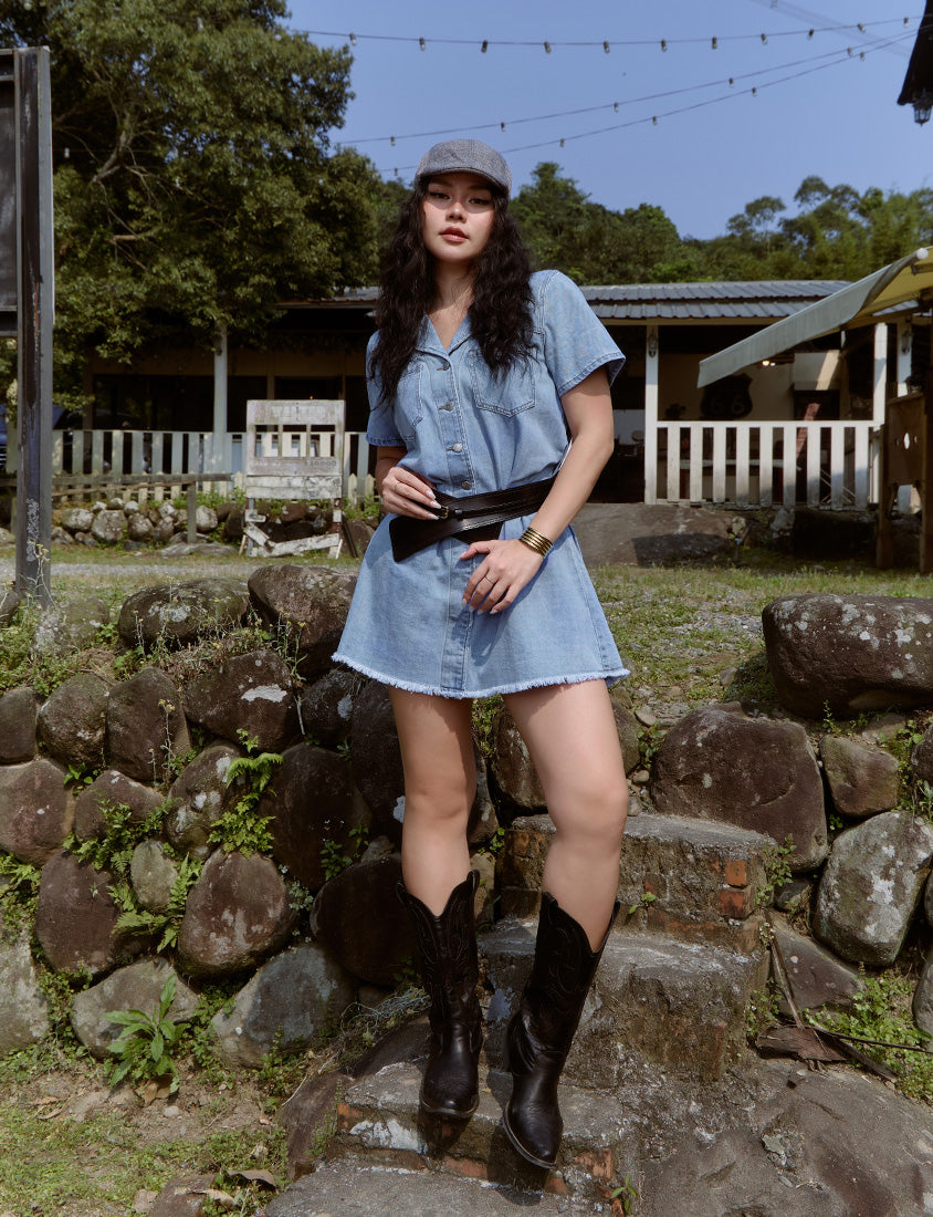 Frayed Hem Pocket Denim Plus Size Mini Dress