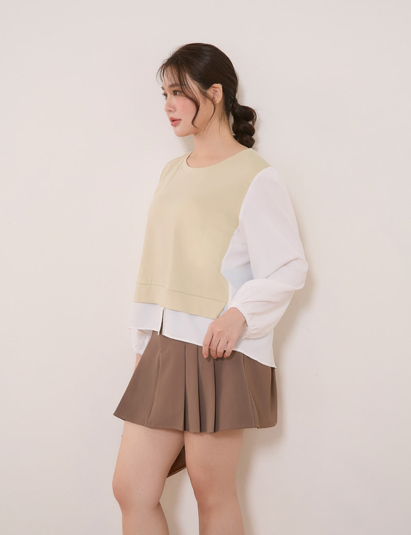 Crewneck Puff Sleeve Faux Two Piece Plus Size Long Sleeve Top