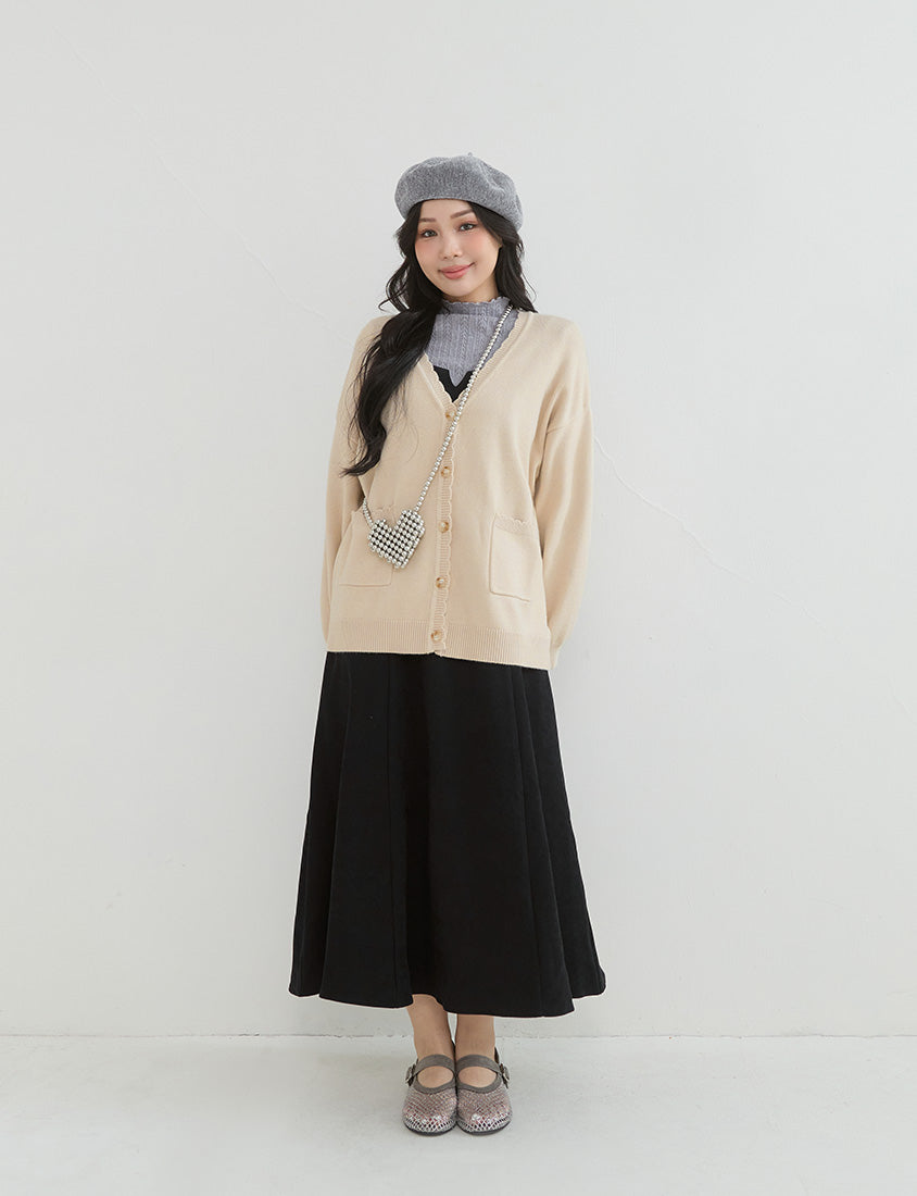 Cute Lettuce Trim V-Neck Knit Plus Size Cardigan