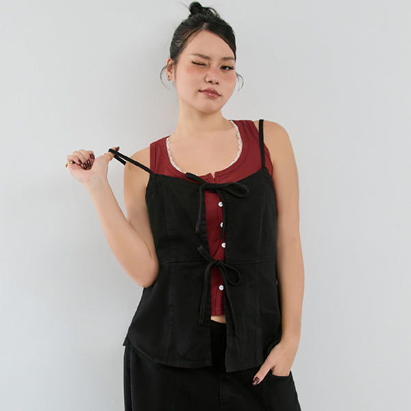 Adjustable Tie Strap Twill Layering Plus Size Camisole Vest