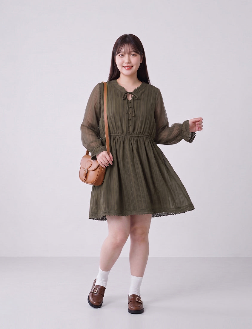 Vintage Lace Cinched Waist Plus Size Mini Dress