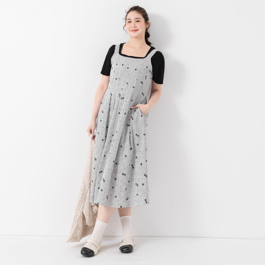 Floral Check Pleated Flare Plus Size Maxi Dress