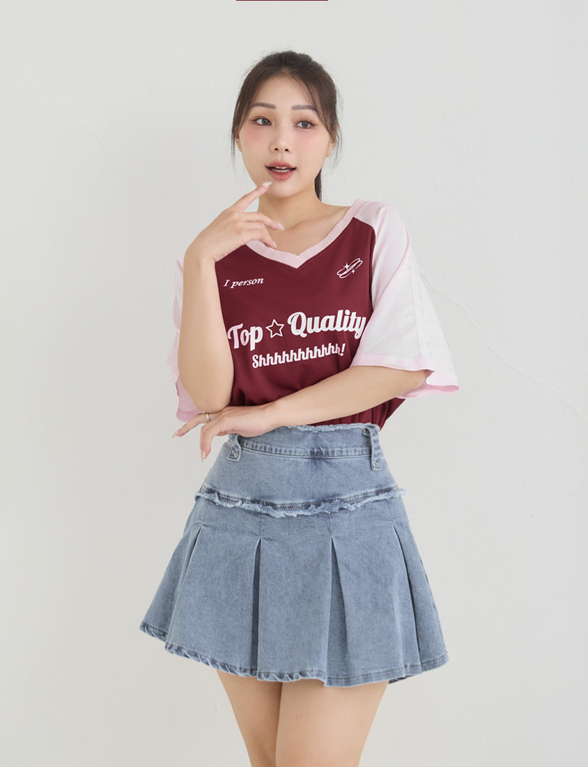American Style Contrast V-Neck Oversized Jersey Plus Size Tee