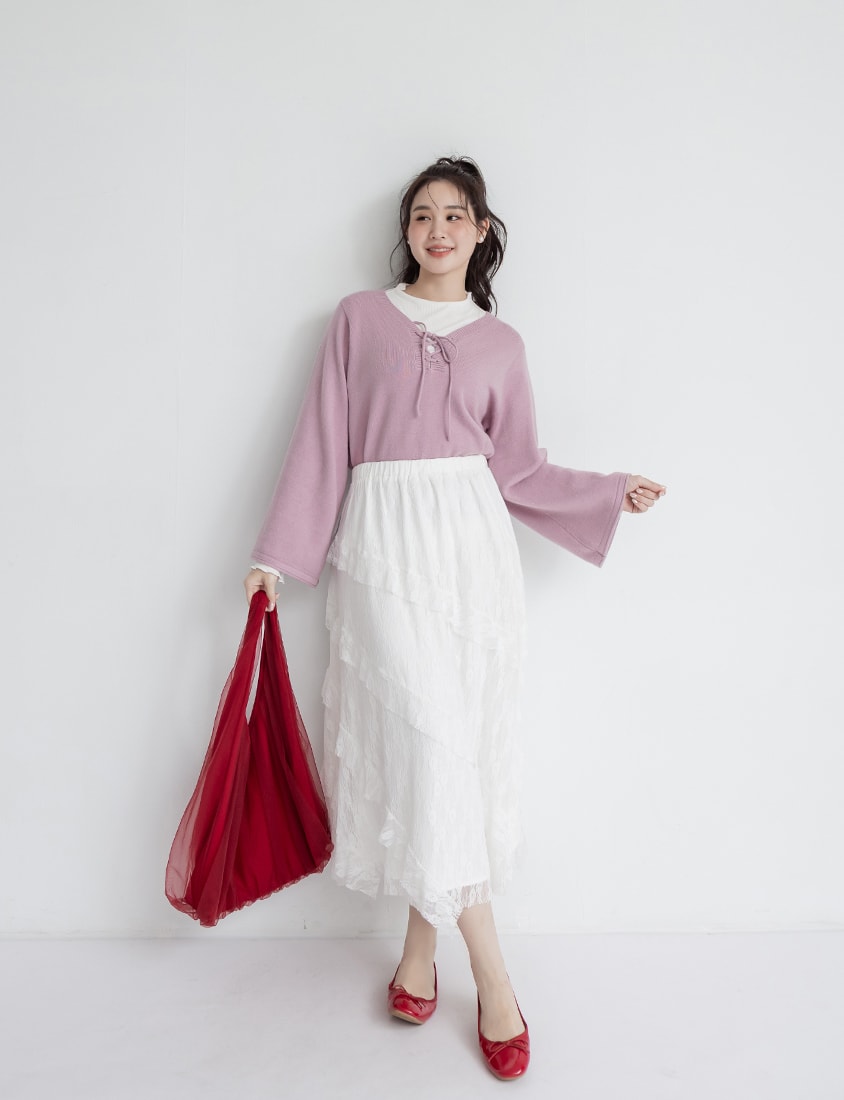 V-Neck Tie Flare Sleeve Plus Size Knit Top