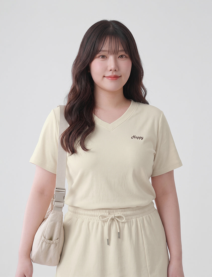 Soft Stretch Cotton Minimal Embroidered V-Neck Plus Size Tee