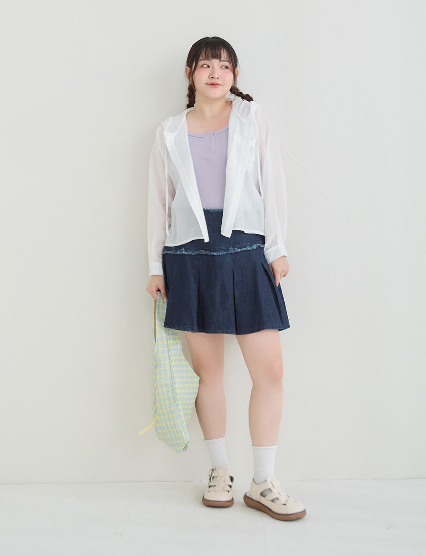 Sweet & Edgy Frayed Denim Pleated Plus Size Mini Skirt