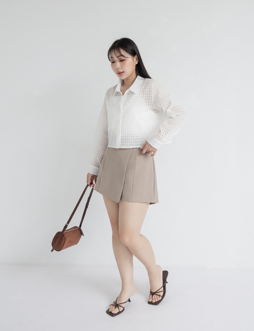 MISS. Sheer Plaid Cropped Plus Size Long Sleeve Shirt