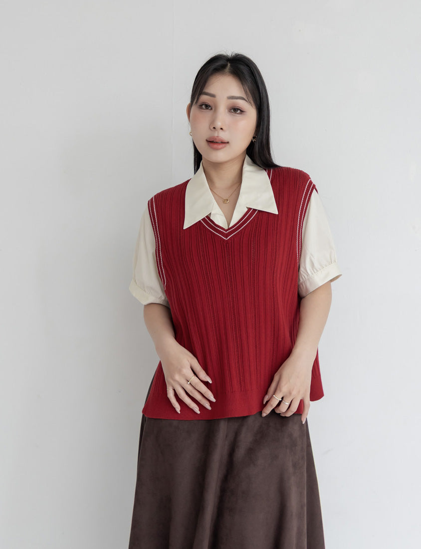 MISS. Korean Style Contrast V-Neck Plus Size Knit Vest