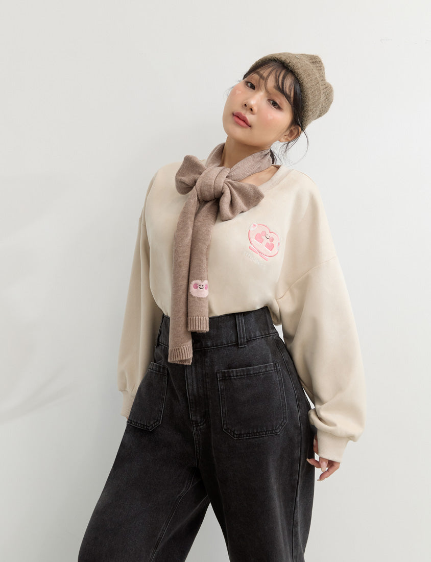 Suede Mittens Embroidered Plus Size Cropped Sweatshirt (Little Heart Collab)