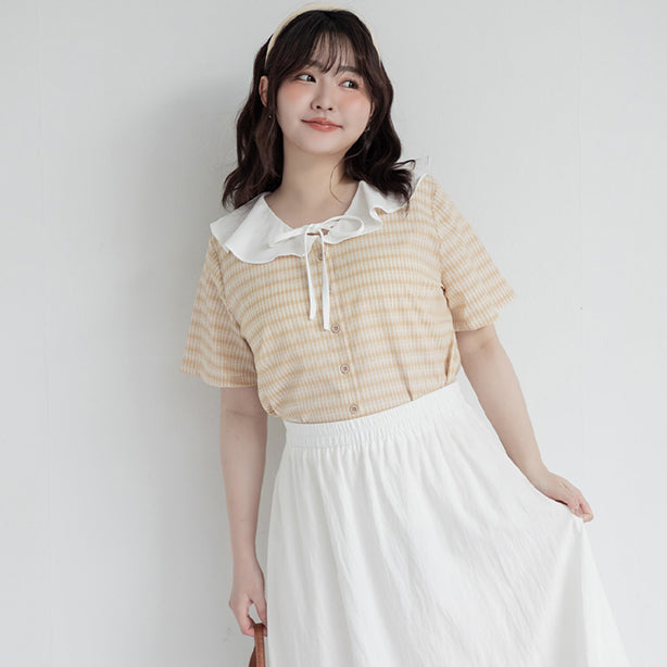 Fresh Contrast Ruffle Plaid Plus Size Shirt