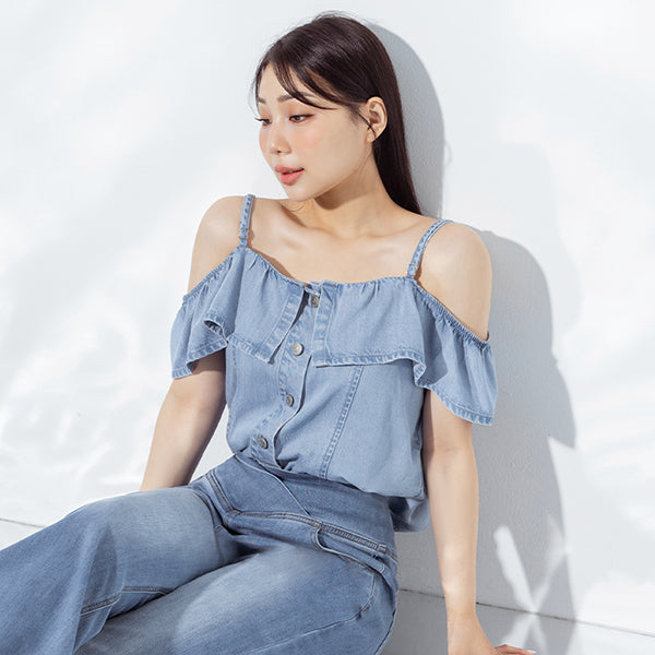 Tencel Silky Denim Ruffle Plus Size Off-Shoulder Top