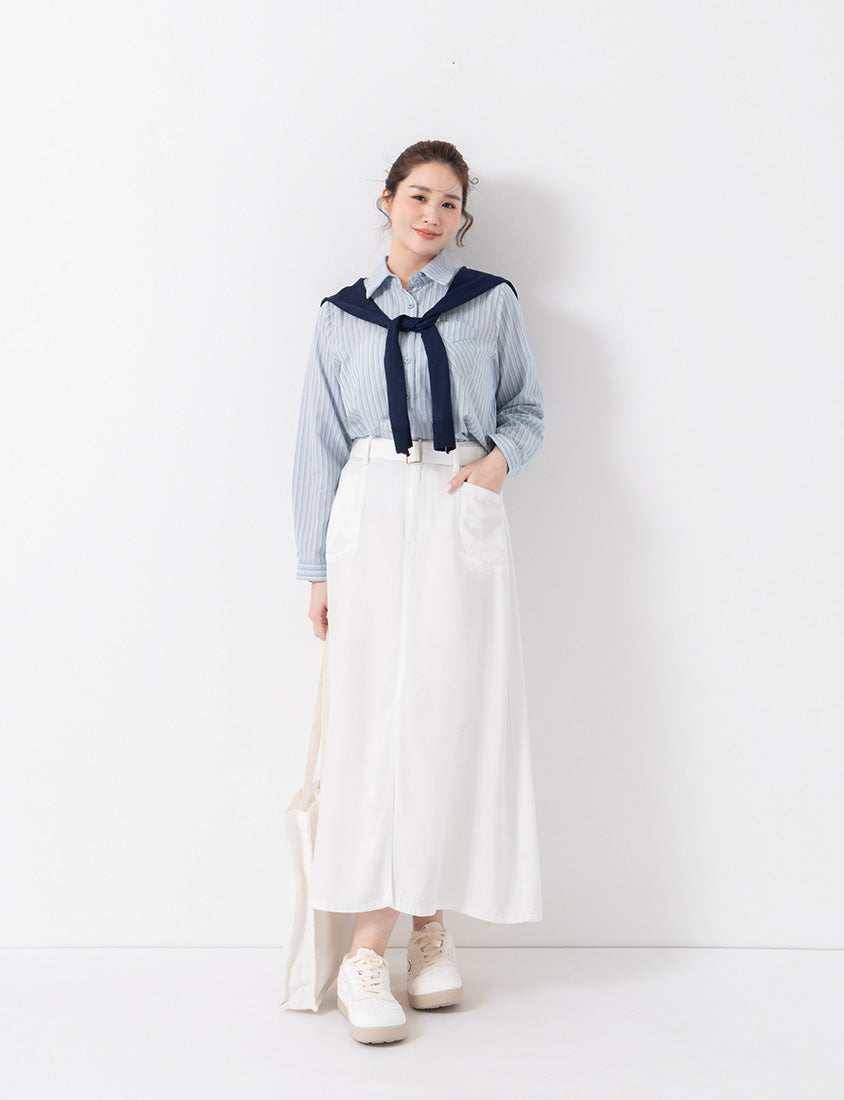 Contrast Stripe Long Sleeve Plus Size Shirt (With Shawl)