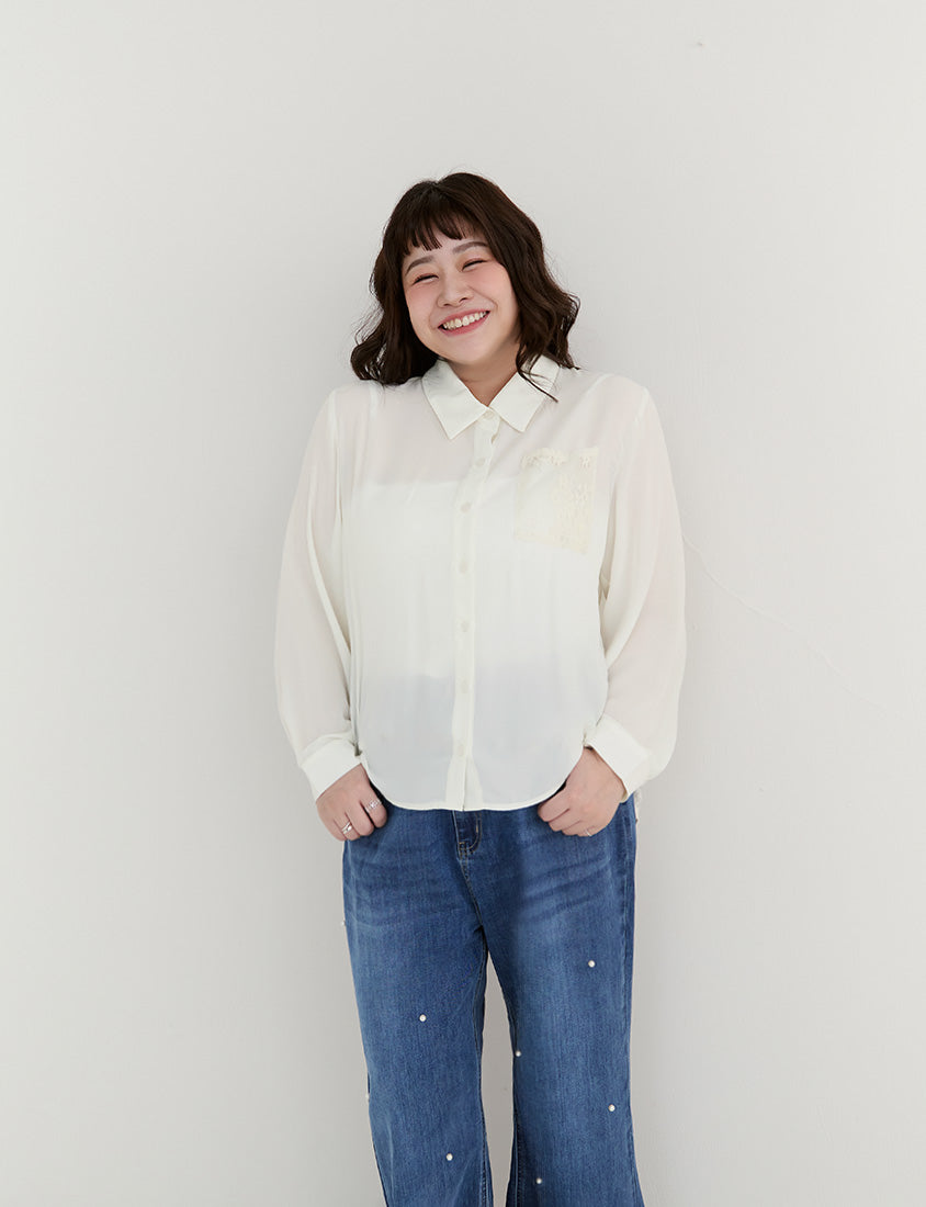 Elegant Lace Patchwork Semi-Sheer Chiffon Plus Size Shirt