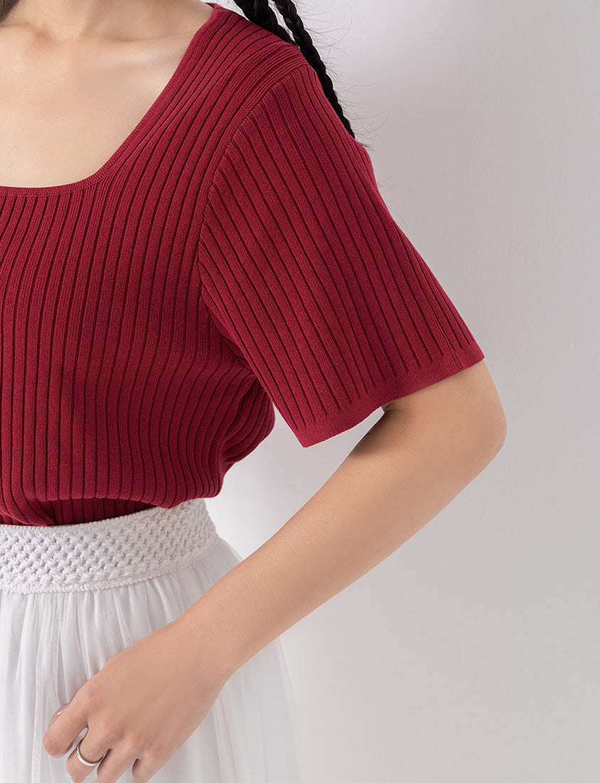 Classic Multicolor Square Neck Ribbed Knit Plus Size Top