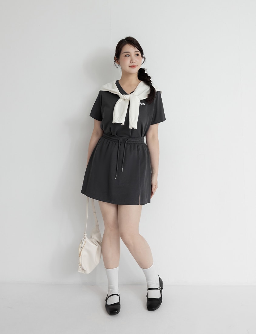 Soft Stretch Cotton Side Slit Drawstring Plus Size Mini Skirt