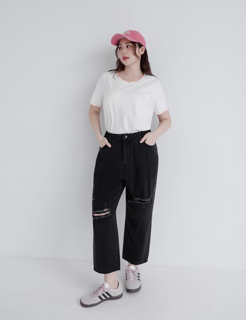 Distressed Side Elastic Waist Plus Size Boyfriend Jeans