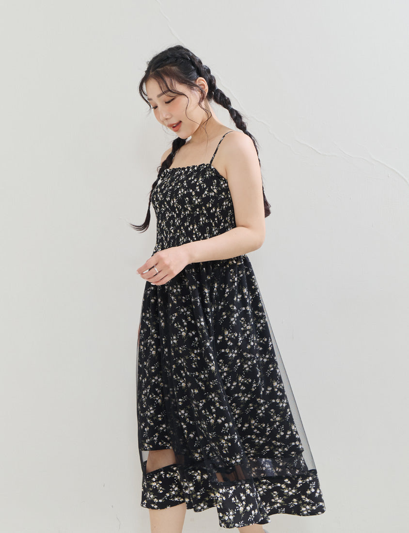 Layered Mesh Floral Adjustable Plus Size Strap Maxi Dress