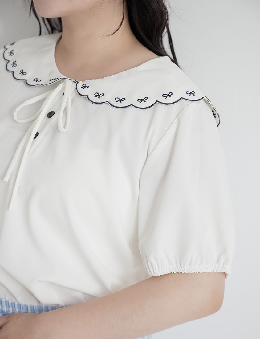 Cute Bow Embroidered Collared Plus Size Top