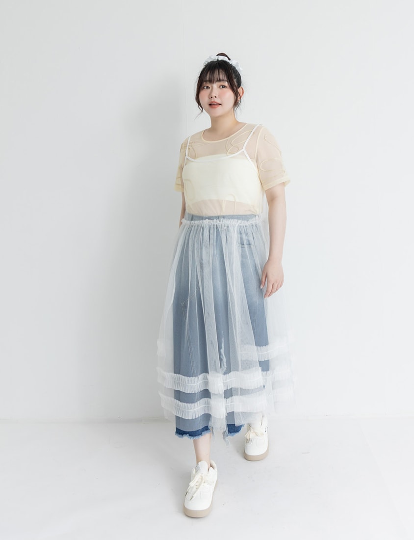 Japanese Style Wavy Line Sheer Textured Plus Size Top