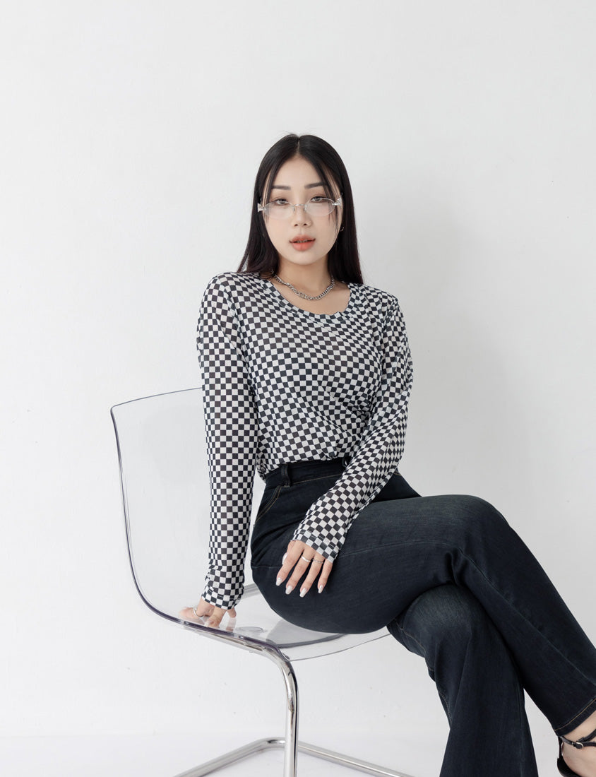 MUA! Sexy Checkered Mesh Long Sleeve Plus Size Top